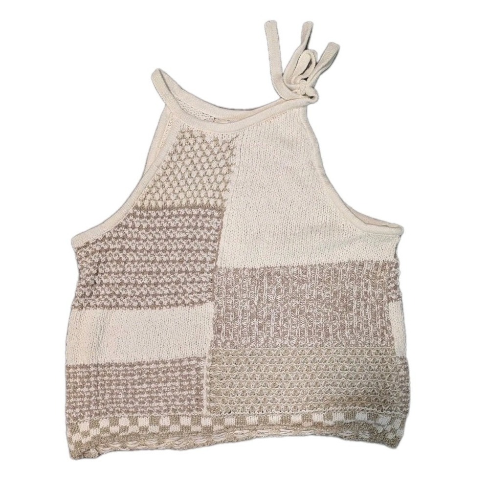 By Anthropologie XL Halter Tie Tank Top Crochet Patchwork Metallic‎ Fiber Chunky